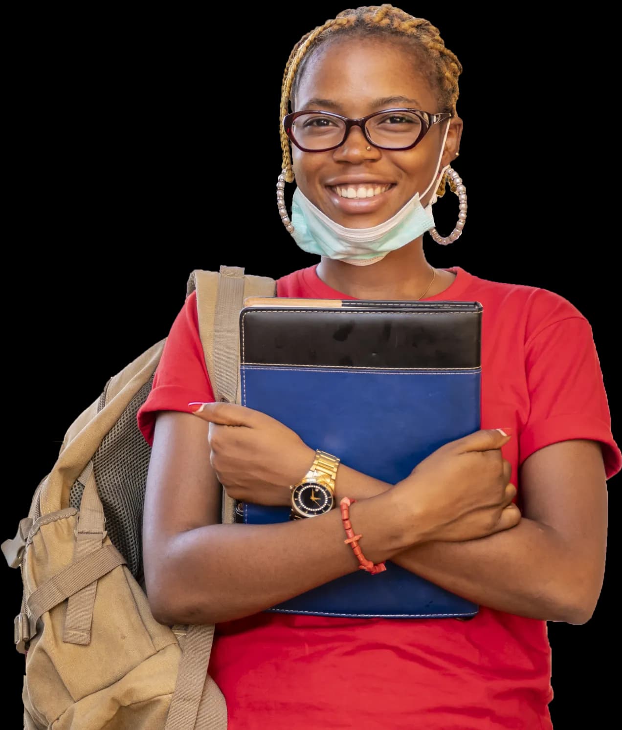 Young African Female Student with a face mask holding her books